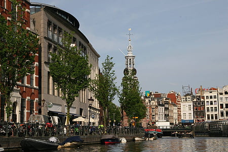 amsterdam, water, channel, netherlands, street scene, tower, munttoren