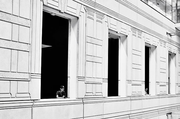 arquitectura, en blanco y negro, edificio, persona, Windows