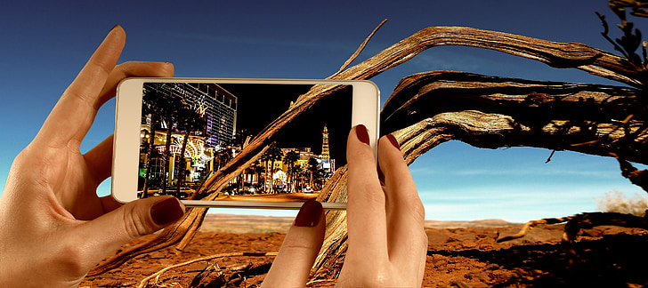 mobiele telefoon, woestijn, Las vegas, smartphone, telefoon, houden, scherm
