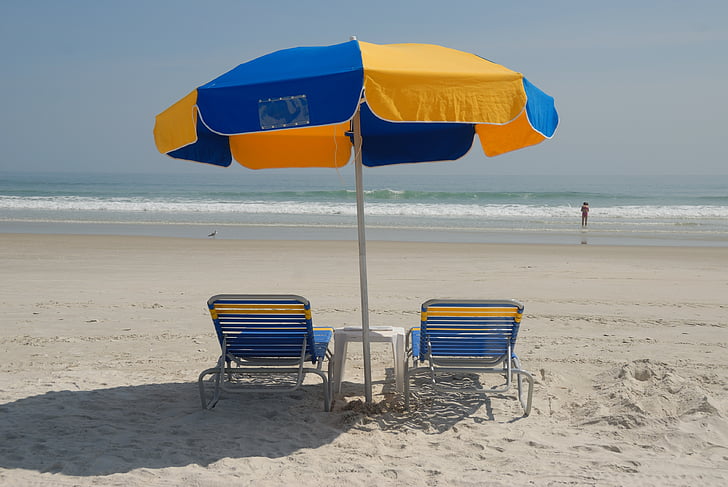 pludmales krēsli, lietussargs, pludmale, okeāns, brīvdienas, smilts, vasaras