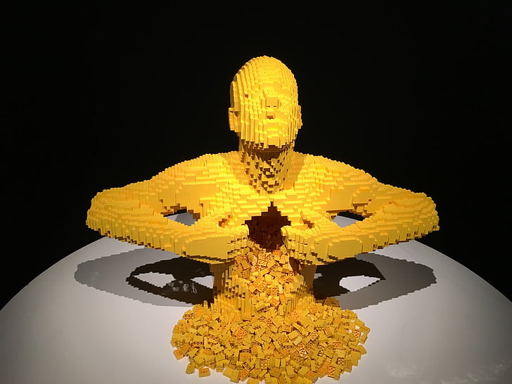 lego, yellow, statue, human, open soul, art, installation