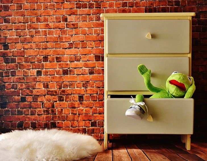 do armário, caixa de gavetas, Kermit, gaveta, engraçado, brinquedo macio, sapo