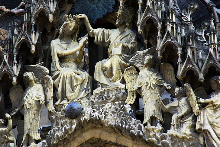 reims, cathedral, sculptures, statues, mary, religion, gothic