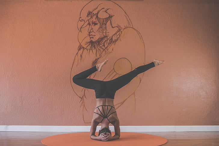 person, headstand, near, brown, wall, paint, yoga