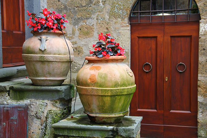 Italien, dörrar, blommor, blomkruka, keramik, dörr, gamla