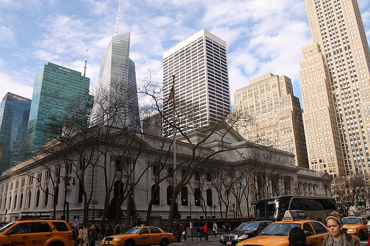 Biblioteka, cienie, chmury, budynek, new york city, NYC, Manhattan