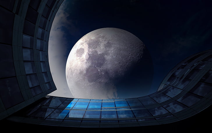 full moon, night, glass facade, sky, darkness, super moon, lunar landscape