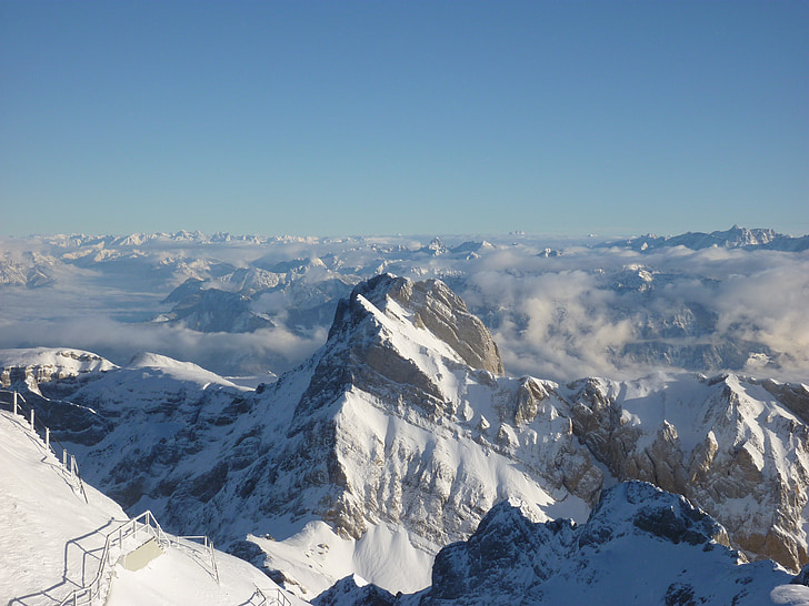 Säntis, śnieg, góry, panoramy, Szwajcaria säntis, Alpy Szwajcarskie, Górna stacja