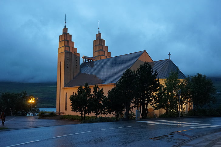Akureyri, Iglesia, Islandia, abendstimmung, iluminados, arquitectura, noche