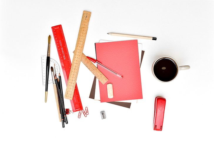 desk, stationery, office, messy, rulers, paper, pens