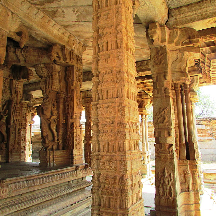 pillars, sculpture, stone pillars, hampi, india, landmark, culture