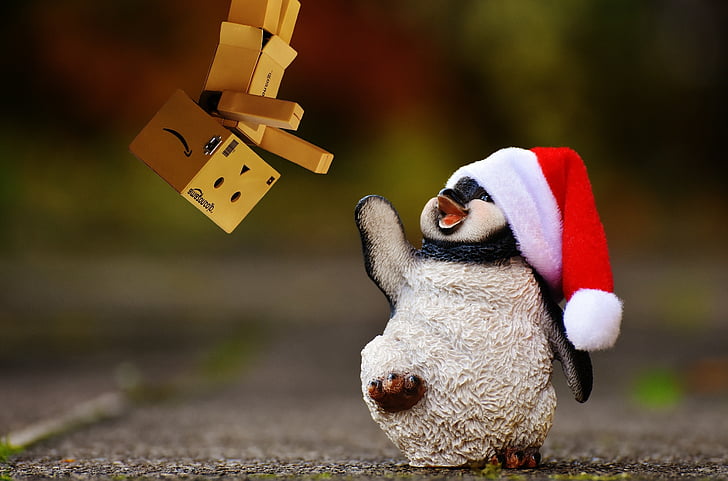 penguin, danbo, figure, christmas, santa hat, decoration, funny