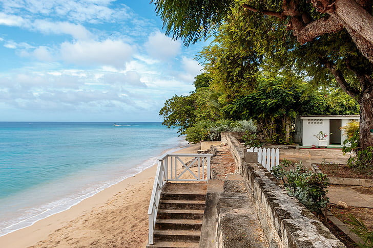 Clearwater villa beach, Barbados, Atlanti-óceán, lépcsők, trópusi fák