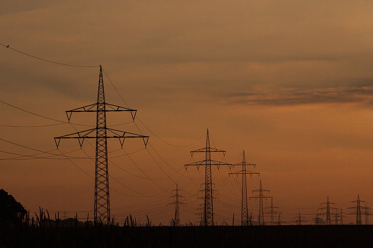 líneas de energía, Torres de alta tensión, postes de energía, actual, cable, fuente de alimentación, puesta de sol
