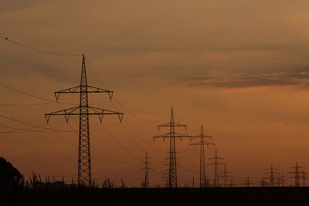 power lines, pylons, power poles, current, cable, power supply, sunset