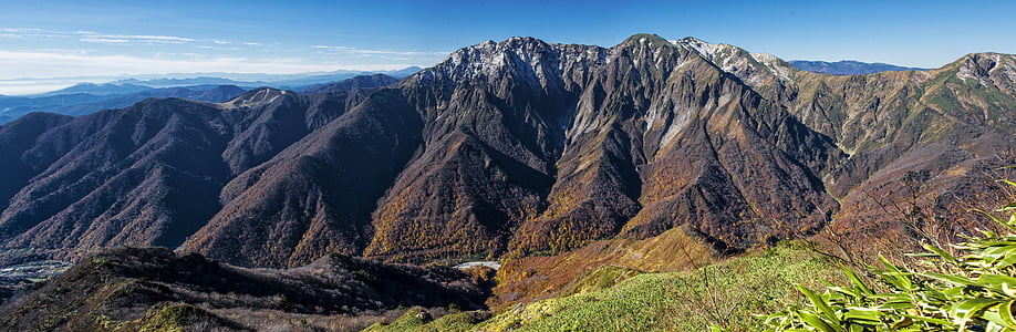 panoramic landscape, white water rafting, national park, late autumn, autumnal leaves, first snow, japan