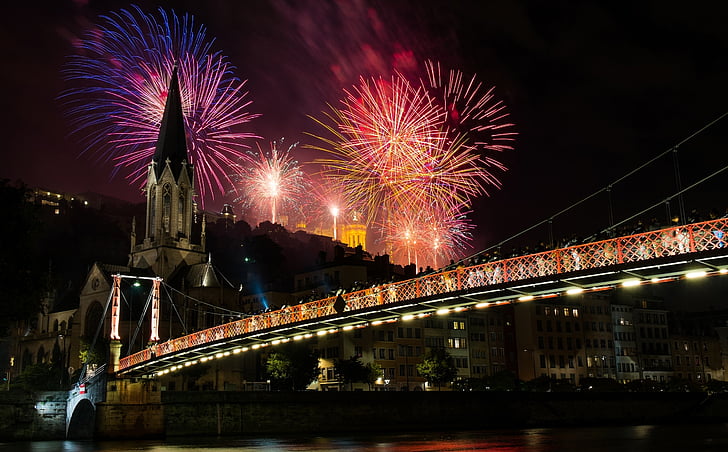 fireworks, night, celebration, city, sky, explosion, colorful