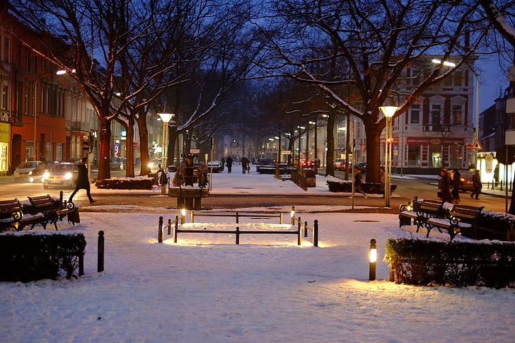 Krefeld, Winter, Stadt, Schnee, verschneite, werden, blaue Stunde