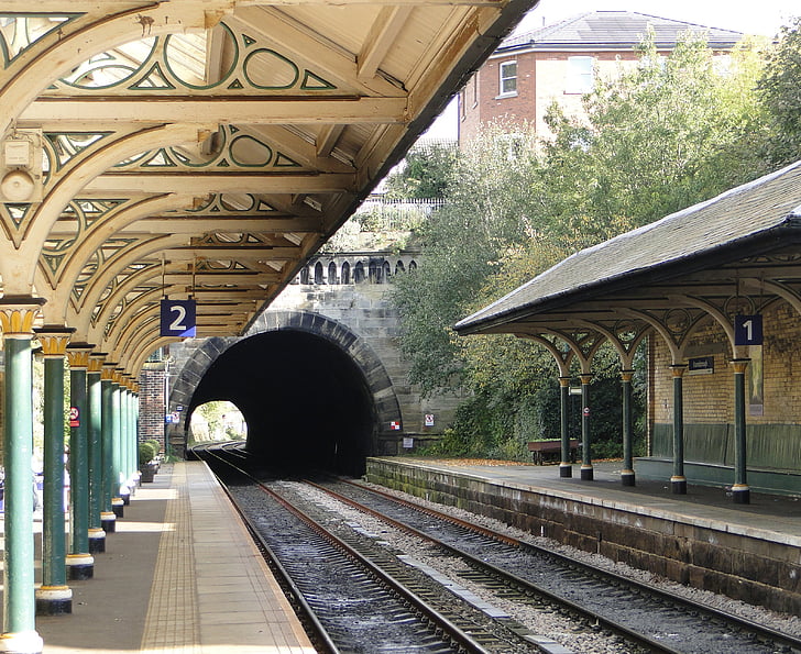 jernbanestasjon, historisk, gamle, tunnelen, gleise, England, syntes