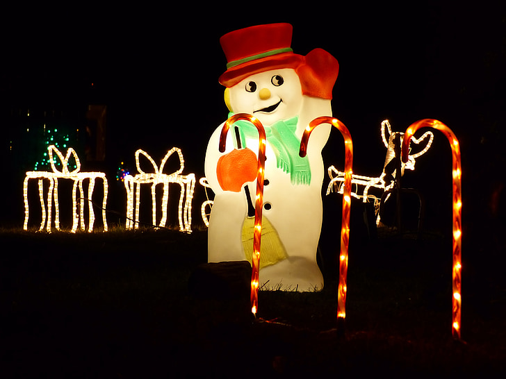 snømann, Christmas, lys, hage, canes, julegaver