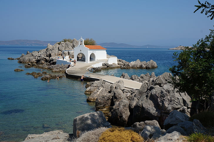 Grecja, grecka wyspa, mały kościół, Natura, morze, skały