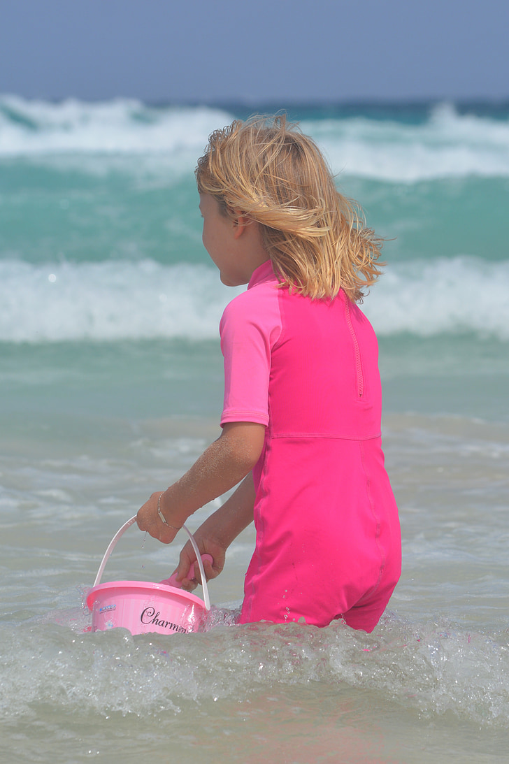 child, bucket, sea, girl, pink, people, beach