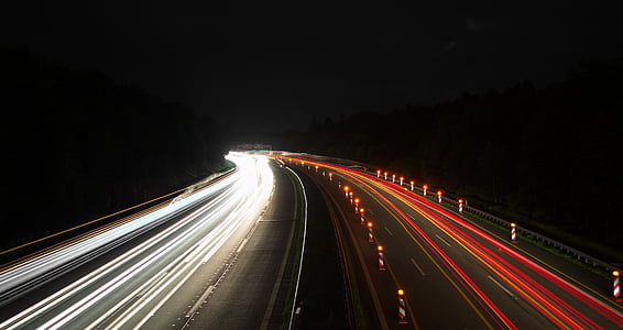 公路, 长时间曝光, 聚光灯下, 晚上, 示踪剂, 交通, 灯