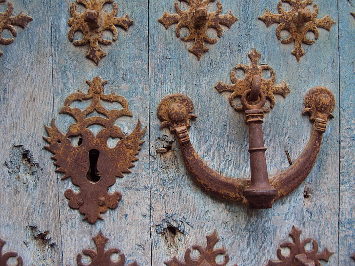 knocker, bolt, door, ancient, wood, iron