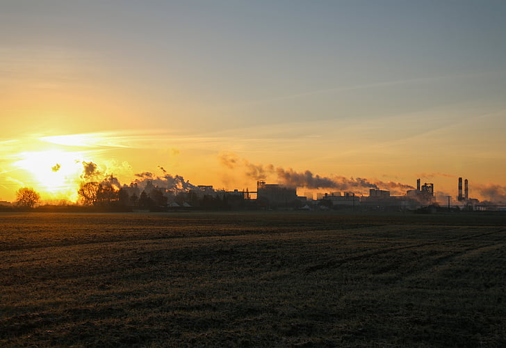 soluppgång, Factory, fältet, landskap