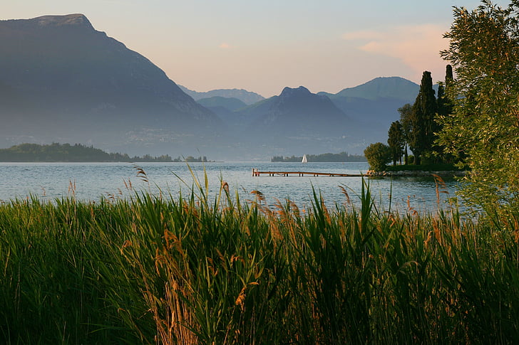 photo, mountains, grass, sky, hills, lake, sailboat