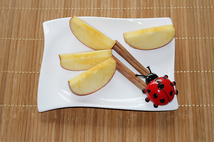 plate decoration, apple slices, cinnamon, ladybug