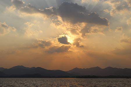 posta de sol, llac Tây, núvol, natura, muntanya, cel, representacions