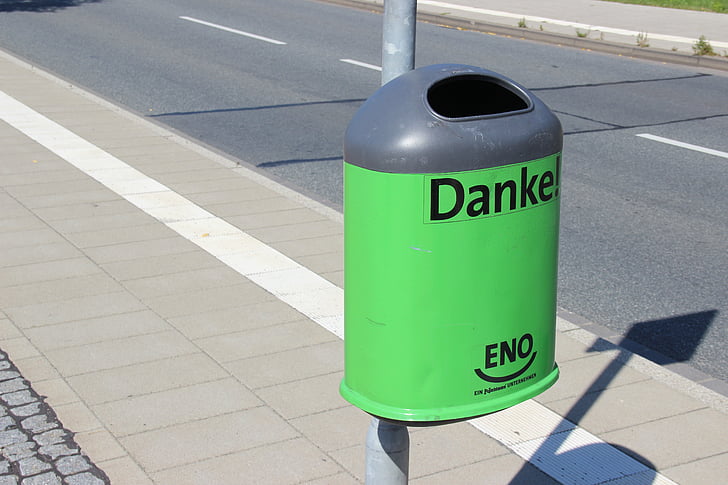 garbage can, waste, thank you, road