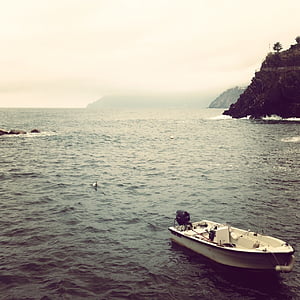 пейзаж, фотография, лодка, близо до, планински, през деня, океан