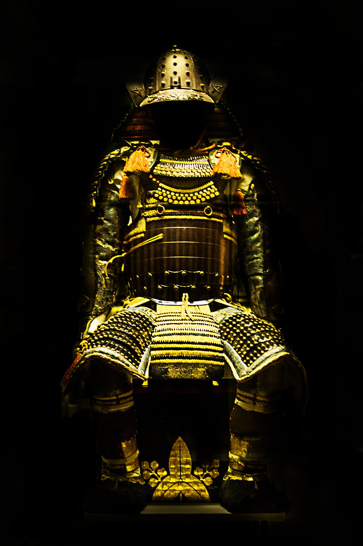 ottoman, gold, statue, samurai, armour, gold colored, no people