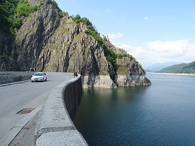 dam, water, lake, auto, road, mountains
