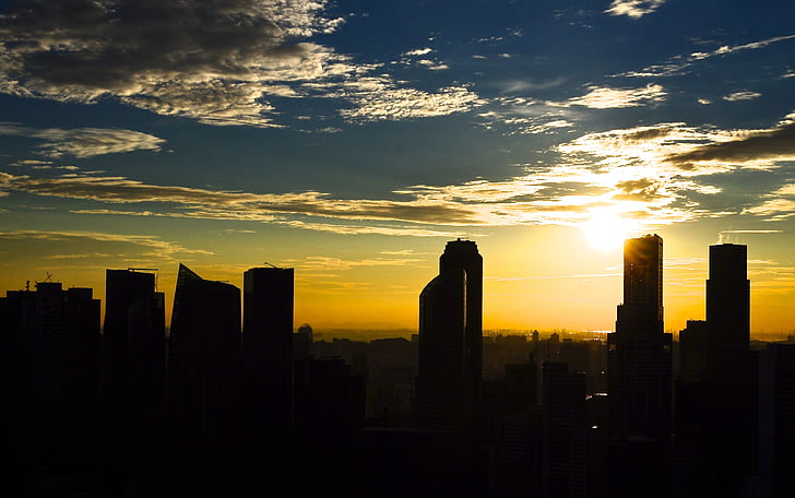 Panorama, Západ slunce, budovy, Panoráma města, městský, město, Centrum města
