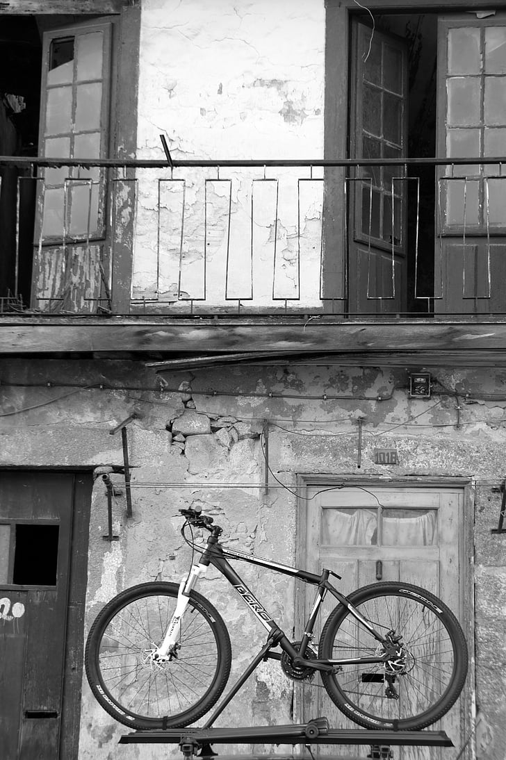 hus, cykel, gamla, staden, balkong, hjulet, cykel