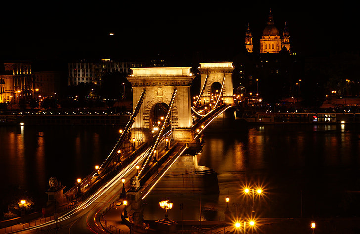 Budimpešta, Lančani most, Dunav, Mađarska, Rijeka, grad, noću