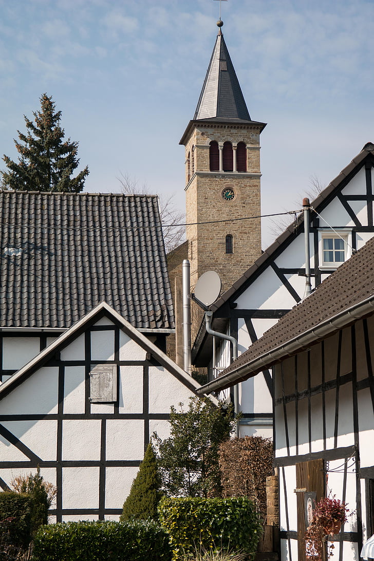 byn, kyrkan, protestantiska, natursten, truss, Steeple, tornet