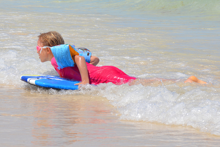 anak, Gadis, surfing, gelombang, papan selancar, orang-orang, olahraga