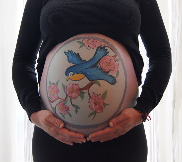 bellypaint, belly painting, pregnant, baby, animals, bird, flowers