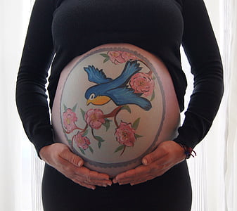 bellypaint, Bauch-Malerei, schwanger, Baby, Tiere, Vogel, Blumen