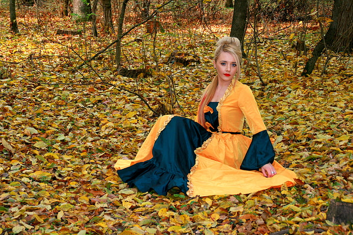 meitene, princese, kleita, rudens, atstāj, dzeltena, meža