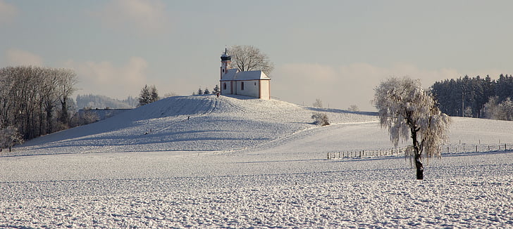 panoráma, téli, kápolna, Oberschwaben, hó, nézet, hó táj
