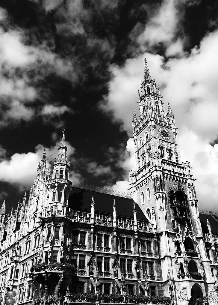 rådhuset, München, Marienplatz, landemerke, Europa, Tyskland, svart-hvitt
