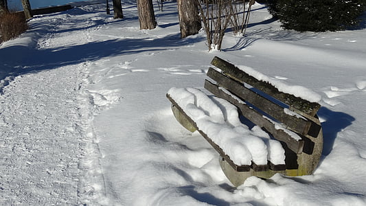 klupa u parku, Zima, snijeg, daleko, Tegernsee