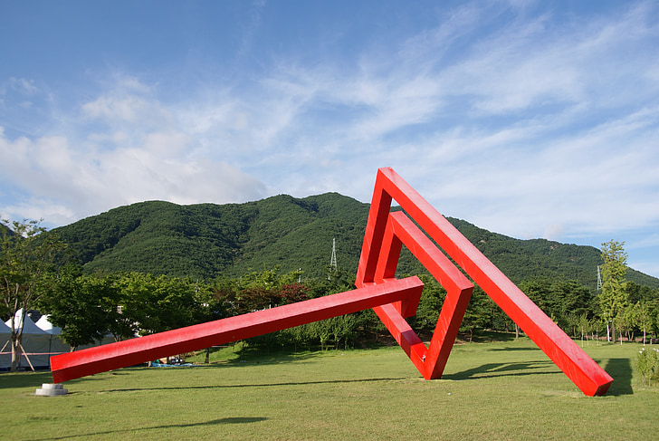sculpture, works of art, construction, republic of korea, park, sky, morning hours