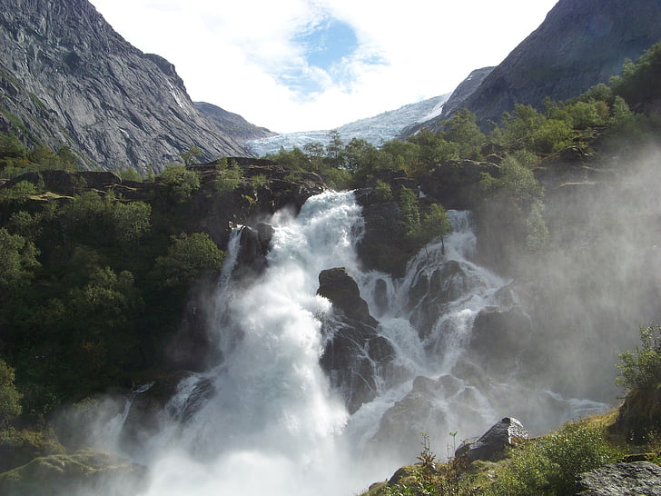 glacier, waterfall, norway, nature, mountain, river, scenics