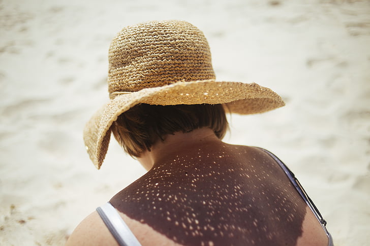 strand, vrouw, hoed, buitenshuis, persoon, zand, strooien hoed